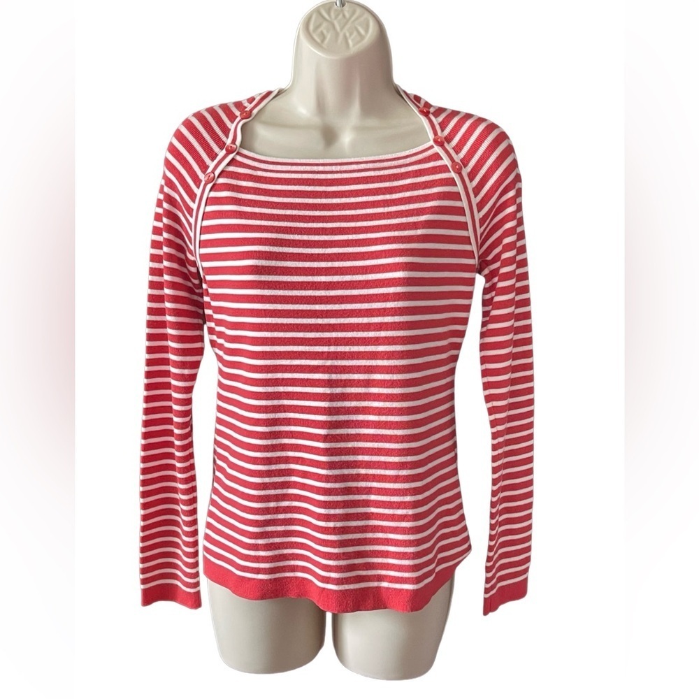 Ann Taylor LOFT Orange Striped Long Sleeve Knit Top with Buttons size M Casual